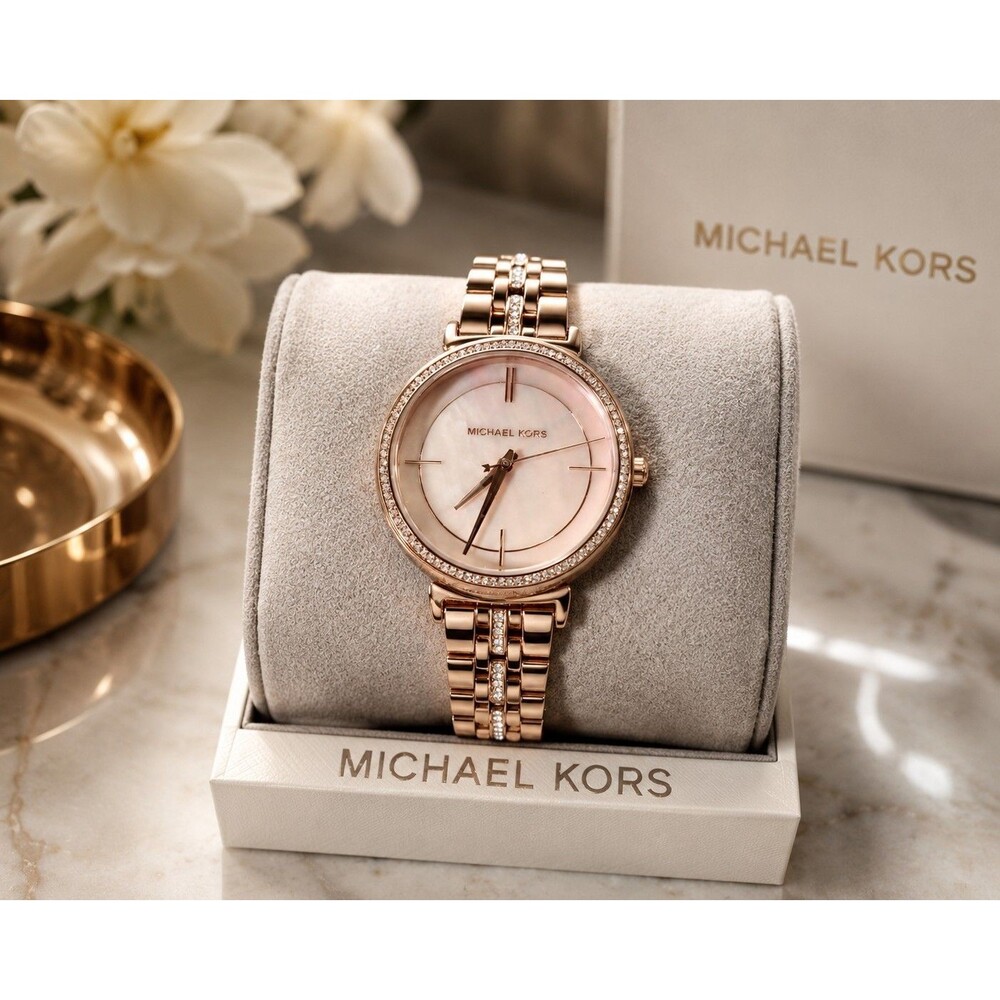 Michael Kors Rose Gold Tone Bracelet Watch Crystal Accent Bezel Women's...